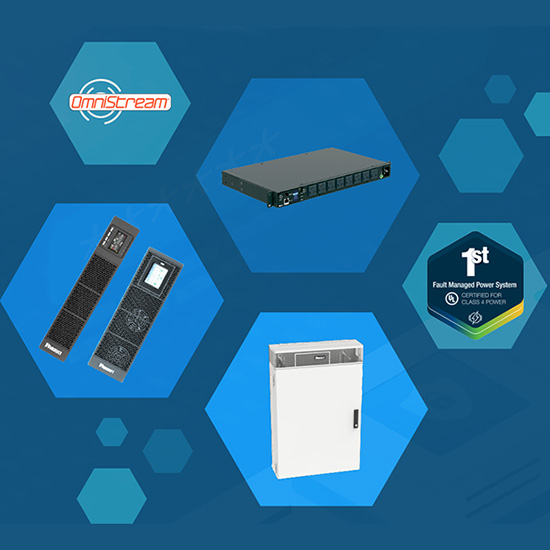 a series of hexagons in shades of blue, showing UPS, network enclosure, AV systems, and fault managed power
