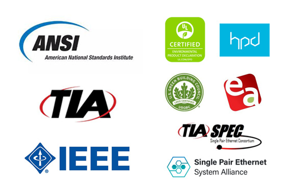 Logos for standards organizations and industry alliances, including ANSI, TIA, IEEE, EPD, HPD, LEED, TIA SPEC, Single Pair Ethernet Consortium, and Ethernet Alliance