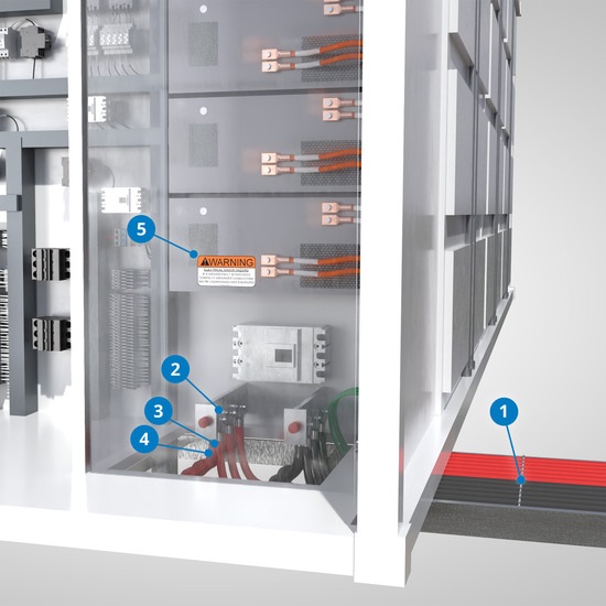 Close up view of components needed to connect BESS with Panduit power lugs, cable cleats, and labels.