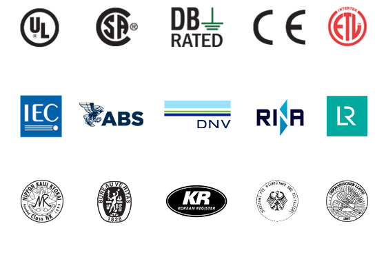 Logos showing certifications including UL, RoHs, etc. 