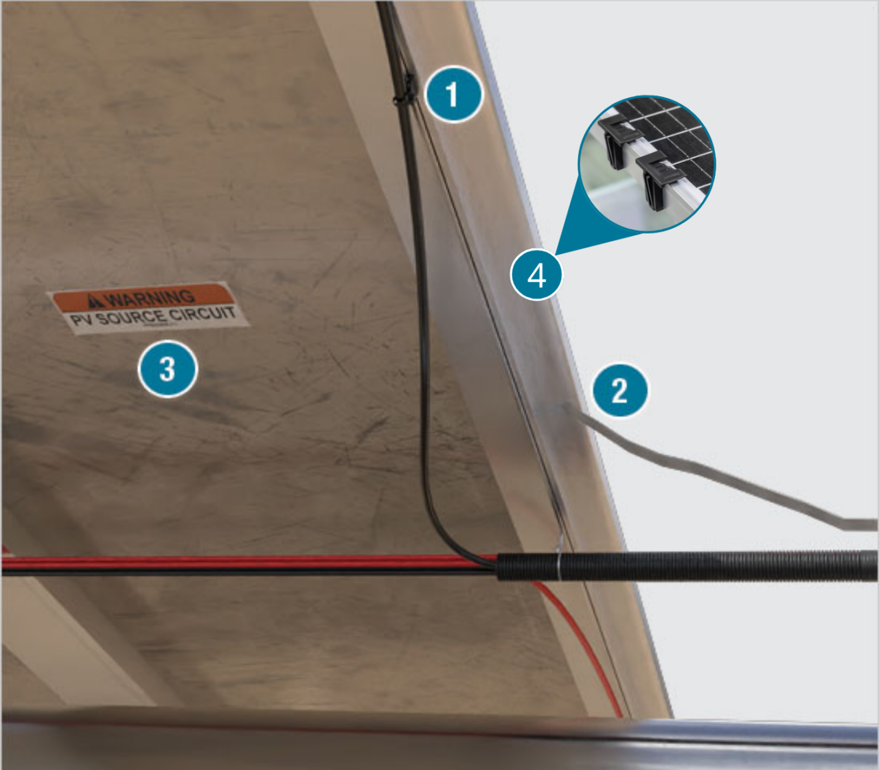 DC power wires suspended in a cable bundle from the back of a solar panel array 