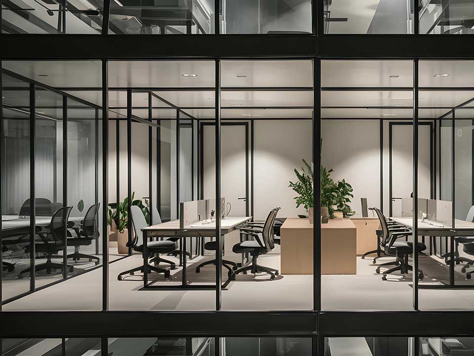 Exterior view into a glass-walled, sleek, modern, office space with open concept work stations, recessed lighting, and a conference room on one end