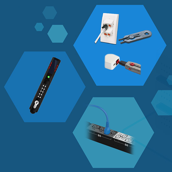 a series of hexagons in shades of blue, showing a locking handle for network cabinets, physical security devices, and locking PDU cord