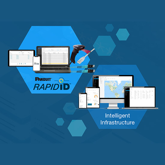 a series of hexagons in shades of blue, showing RapidID network mapping system and data center infrastructure management tools