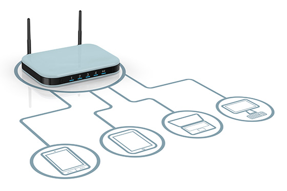 A wireless access point with drawings of various devices that connect via wi-fi