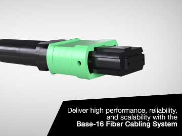 Side view of the black and green Base-16 product with the Panduit logo and video name in lower right
