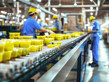 Employees work together in a production line inspecting and packaging product.