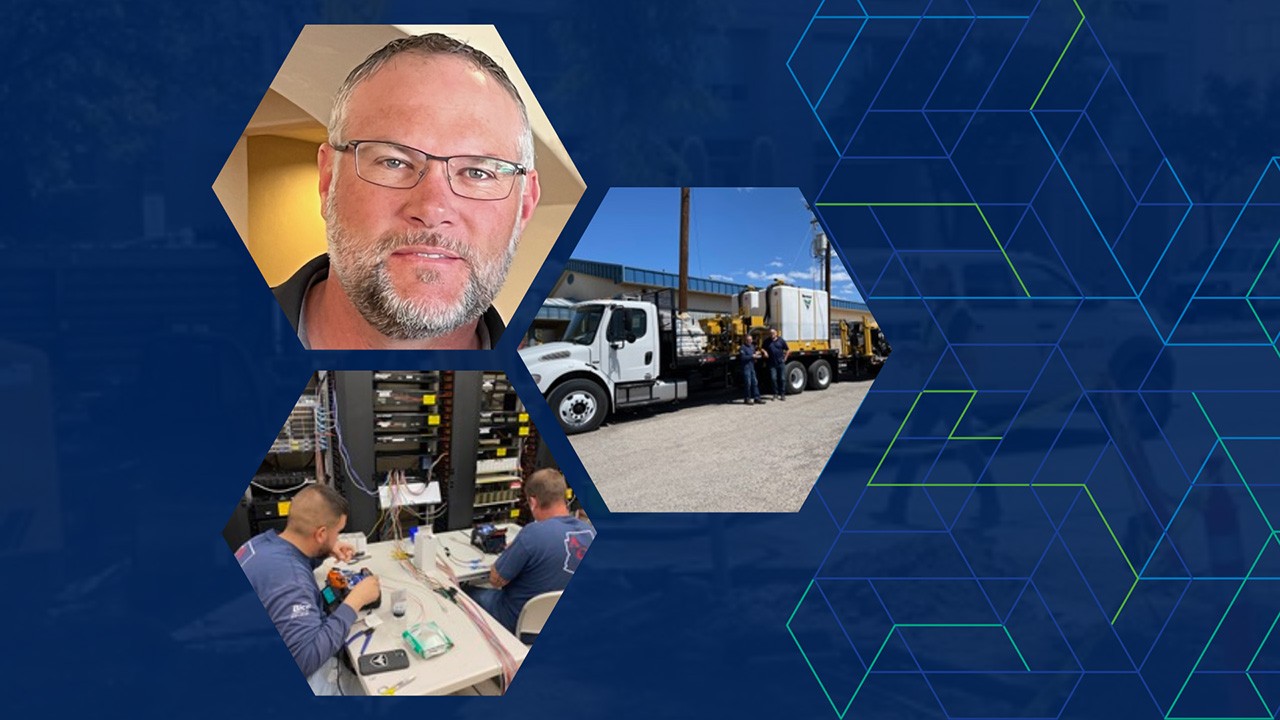 A montage of images against a dark blue background, including a man with glasses, two technicians installing cabling indoors, and a service truck for broadband fiber work