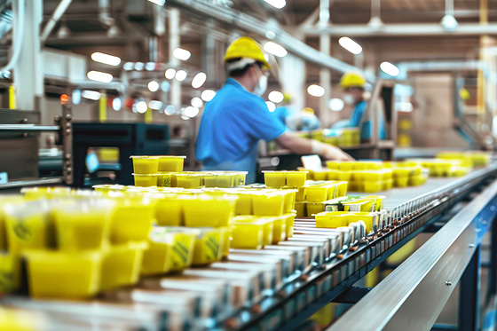 Products on a conveyor belt, with workers in hard hats blurred in the background