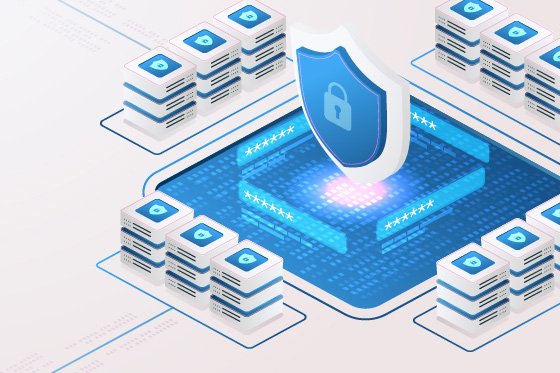 Icons representing network components with a shield in the middle with a lock on it
