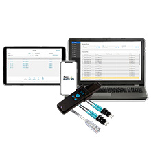 Laptop computer, tablet, and phone showing the rapidid software, plus a barcode scanner and copper and fiber patch cords affixed with rapidid labels