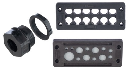 Three cable entry system products including a round version and two rectangular versions.