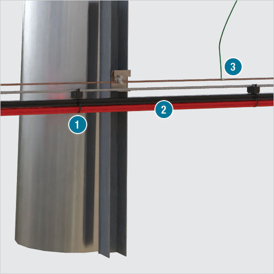 “Home Run” bundle of cables suspended from a messenger wire, delivering power from solar array to inverter 