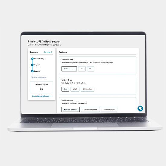 A laptop displaying the Panduit UPS configurator tool. 