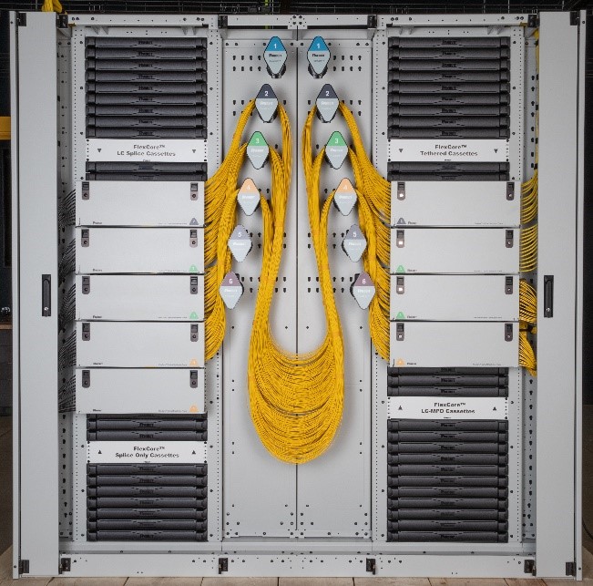 FlexCore™ Optical Distribution Frame product with cabinet doors open showing yellow cables