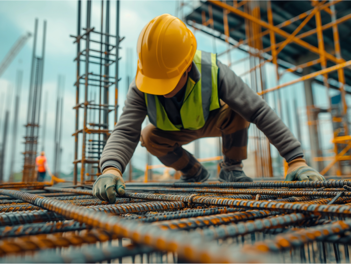 Construction building site with a worker in a hard hat