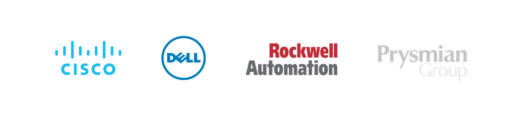 A collage of the Cisco, Dell, Rockwell Automation and Prysmian Group logos