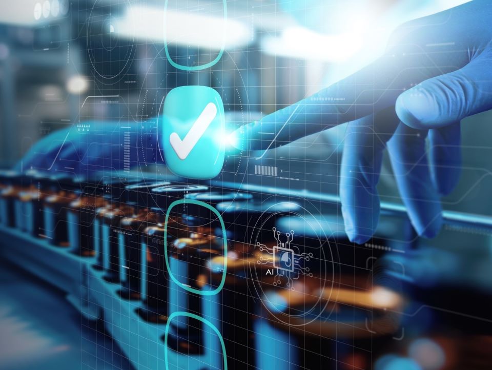 A person in gloves is activating a machine by touching a button, emphasizing safety protocols in equipment handling.