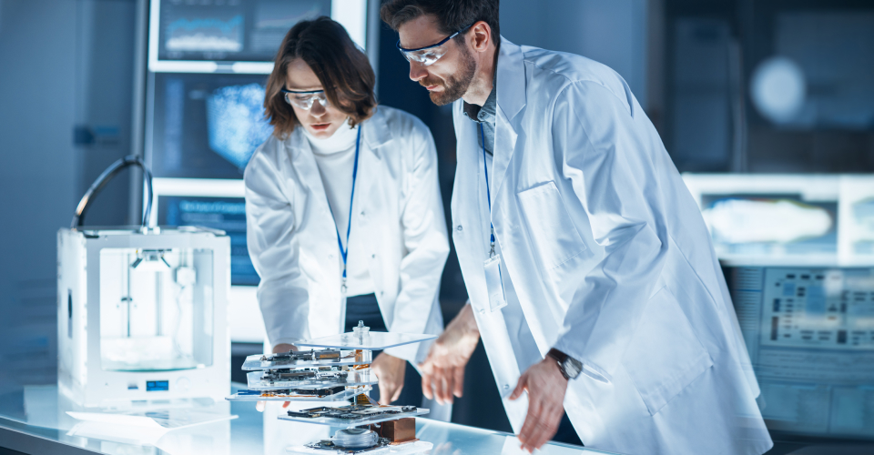 Woman and man engineers in R&D lab
